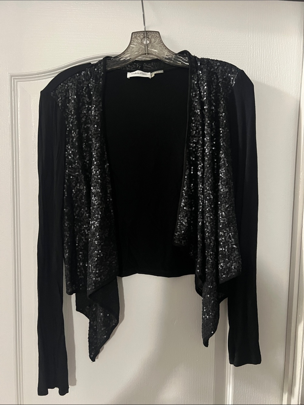 Calvin Klein Black Sequin Draped Open-Front Cardigan